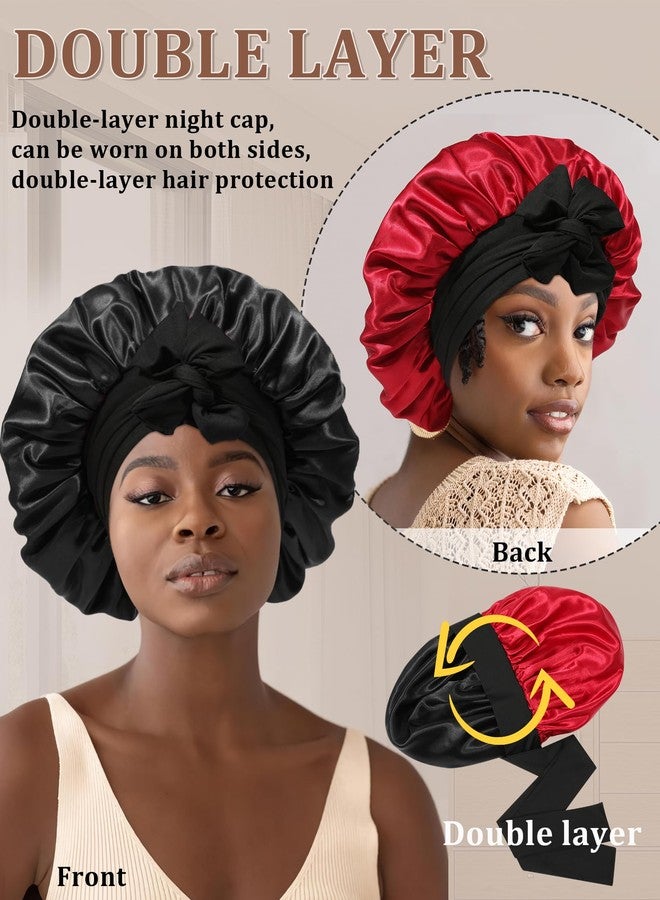 CHLINS Reversible Satin Silk Bonnet - Double Layer Hair Wrap with 2PCS Scrunchies Elastic Tie Band Night Cap for Natural Curly Hair (Black+Red) - Image 4